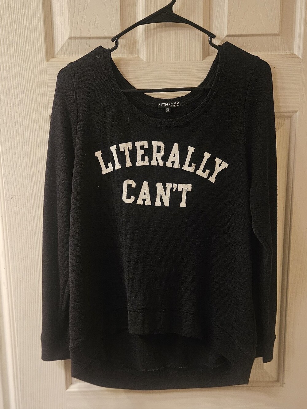 Fifth Sun Black Crewneck Sweater with "LITERALLY CAN'T" Text